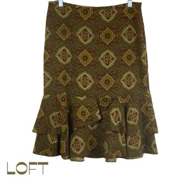 LOFT Brown Floral Print Pure Soft Wool  Academia Office Ruffle Skirt NWOT Size 8 - Picture 1 of 11